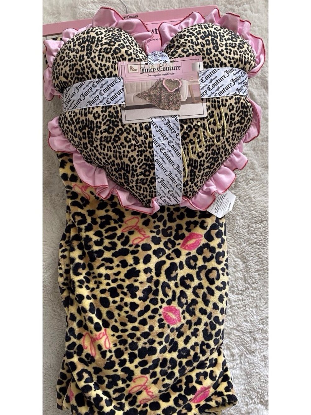 Set Juicy Couture Leopard Cheetah Plush Throw Blanket 60”X70” & Pillow 18”X18”